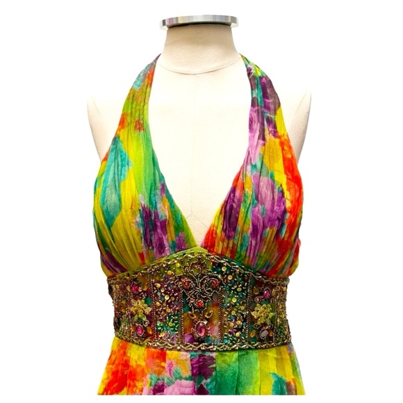 Vintage Sue Wong Y2k Silk Mandalay Style Halter Mini Dress Size 6 - Picture 5 of 10